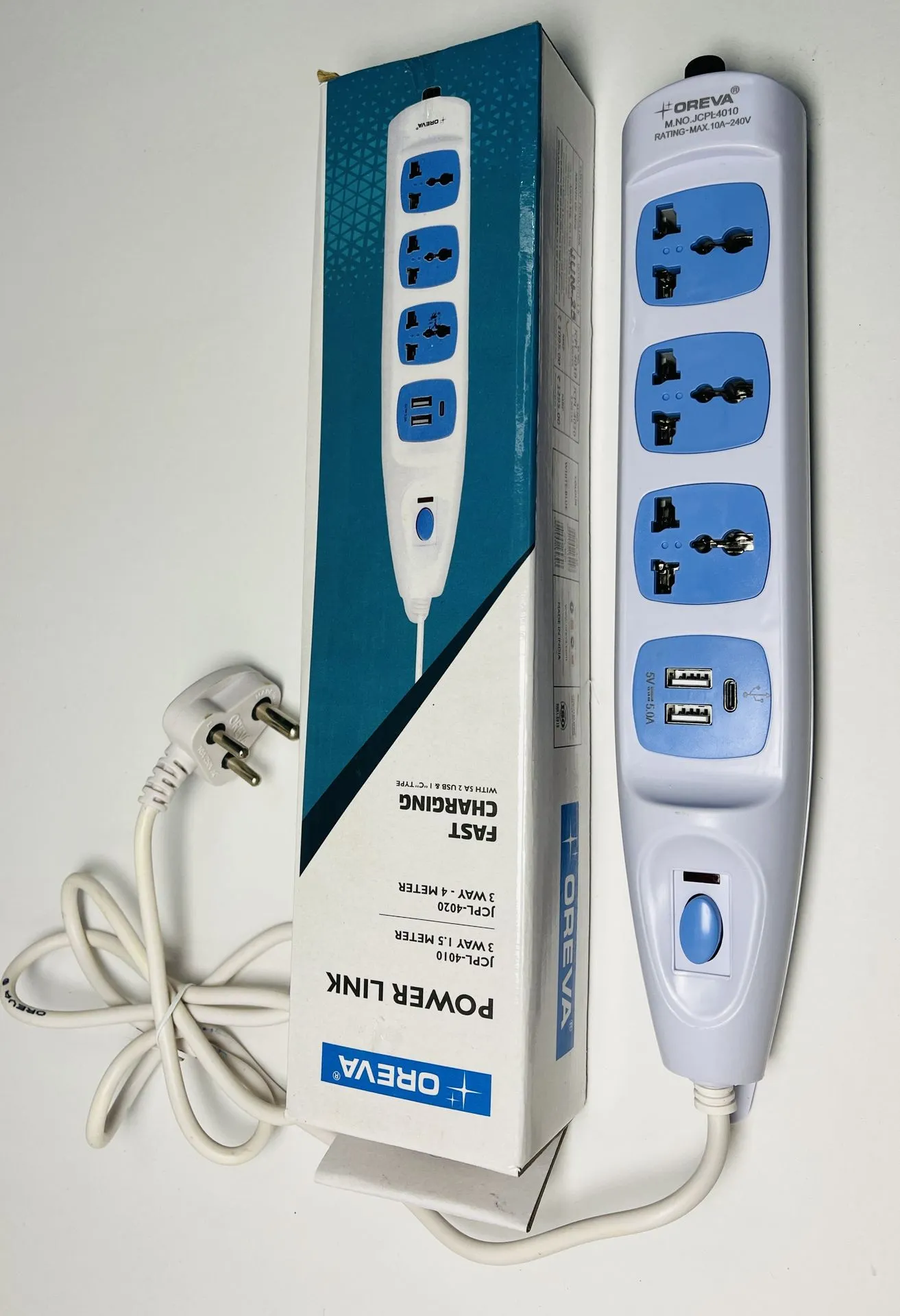 OREVA JCPL Series 3 Way Power Strip with USB-A & Type-C Ports | 1.5 Meter & 4 Meter Variants - Image 2